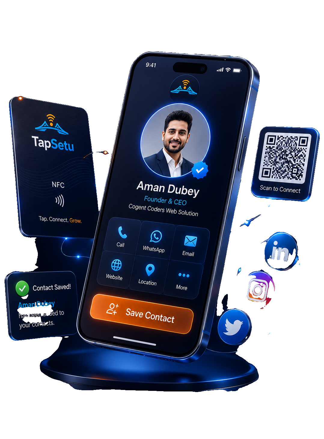 TapSetu digital profile on a phone — one tap opens your contact, links and payments
